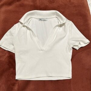 Zara White V Neck Tee Size S